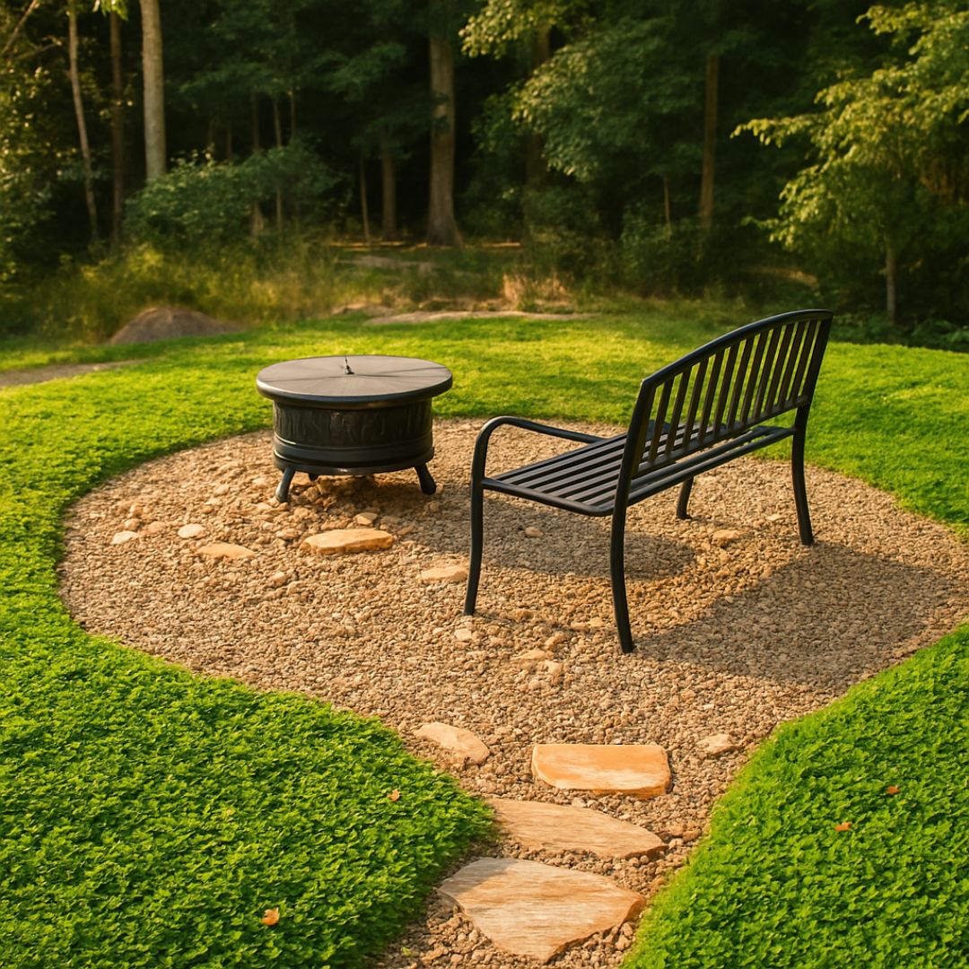 Microclover lawn with trees and bench