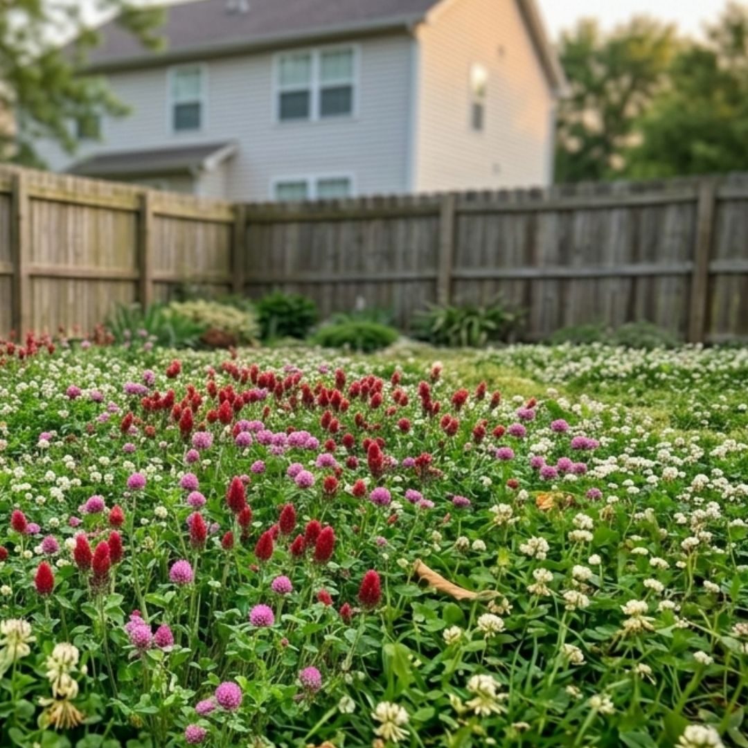 Close up of a trileaf lawn with three types of clovers