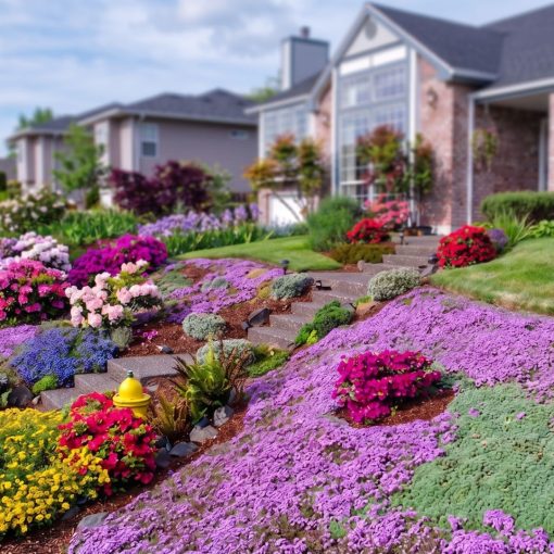 A house with its whole front lawn replaced by red creeping thyme in full magenta bloom