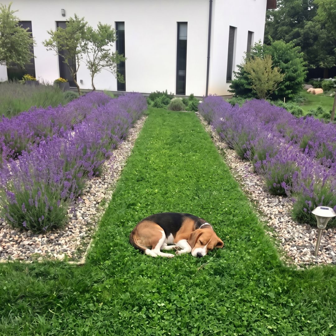 Dog sleeping on a lawn of DogLawn™ | Dog-Friendly Eco-Lawn Seed