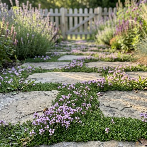 Elfin thyme forming a tight flat mat with pale lavender-pink flowers