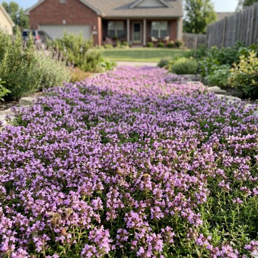 Wild thyme flowering purple-pink in a naturalistic planting