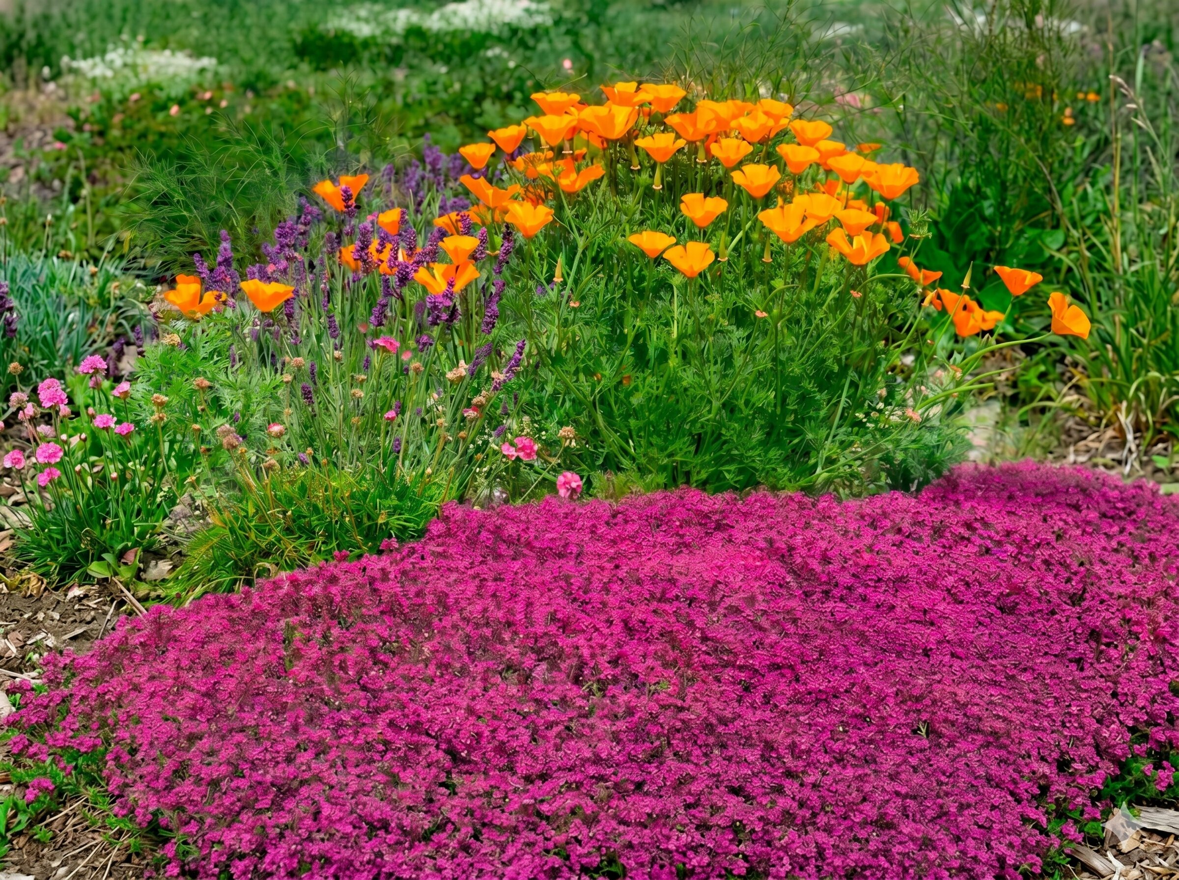 ThymeWalk red creeping thyme lawn beside a stepping-stone path in full magenta bloom