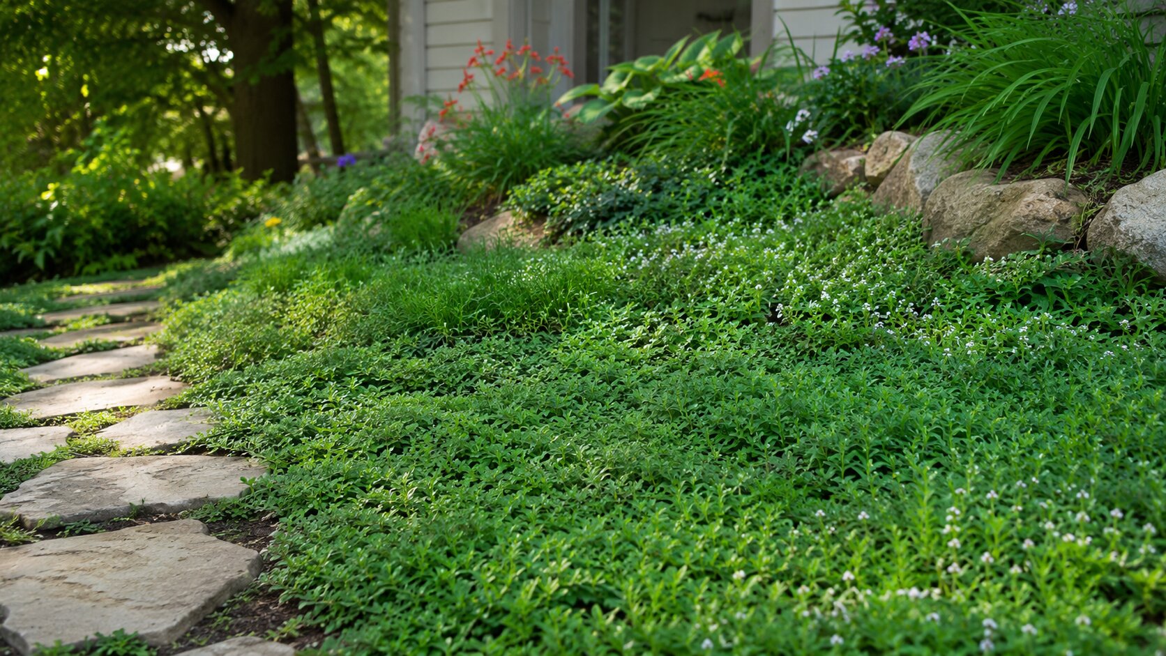 Eco-friendly ground covers suited for best lawn alternatives by need, shown thriving in a realistic best lawn alternatives by need yard setting