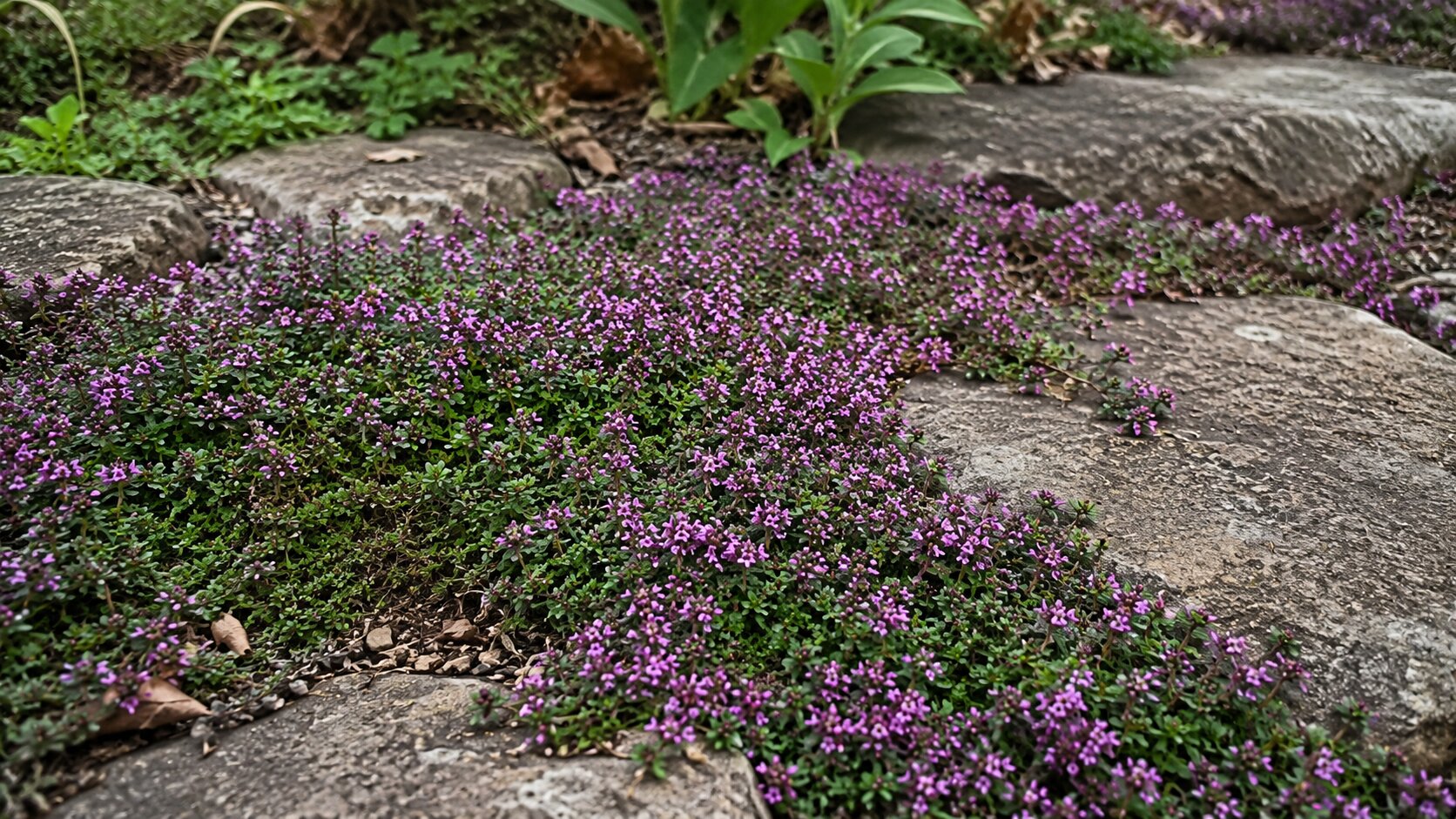 A red creeping thyme lawn forming a low mat of magenta-red summer bloom