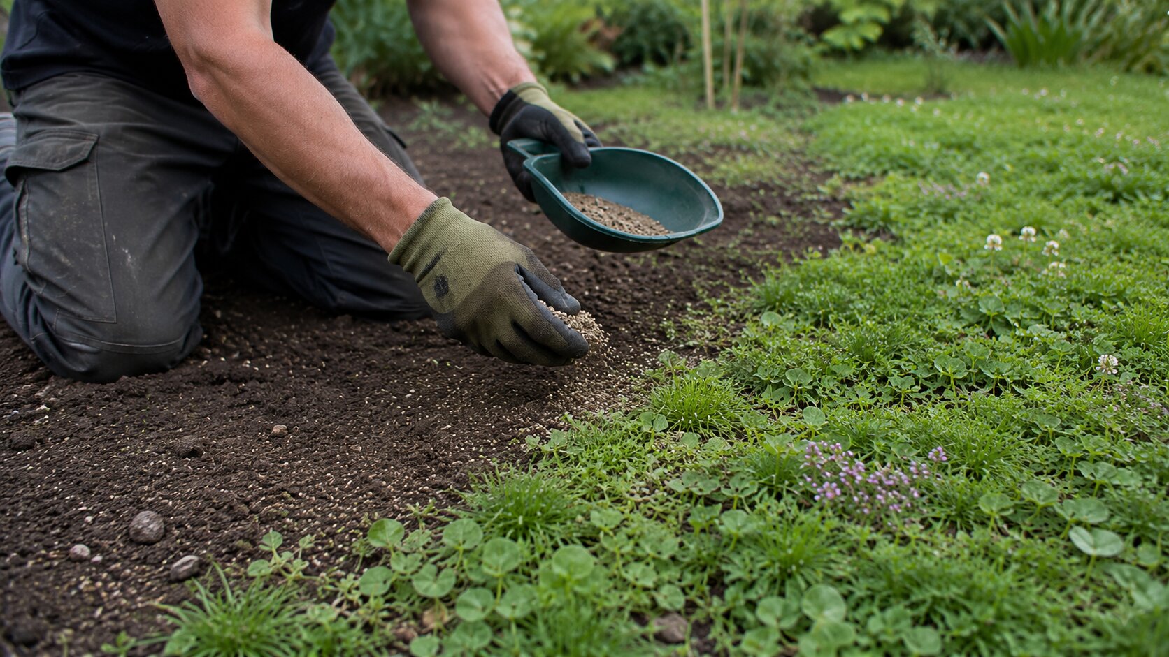 Illustration of eco-lawn installers professionals at work installing and maintaining eco-friendly ground-cover lawns
