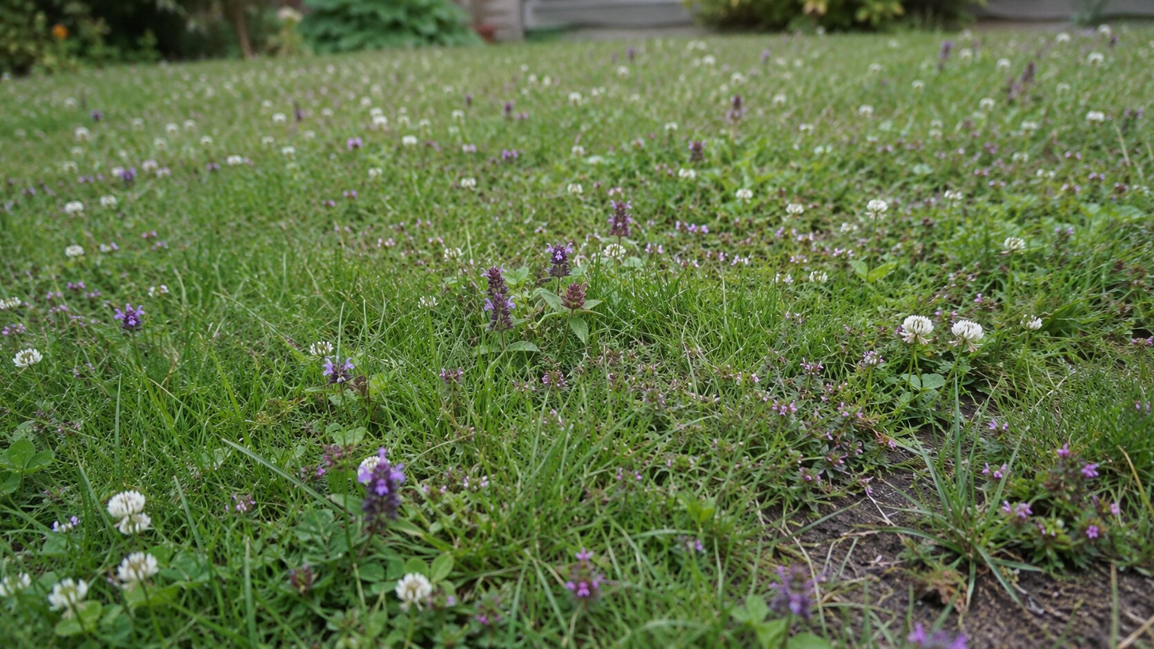 A low flowering lawn in bloom with clover and daisies growing underfoot