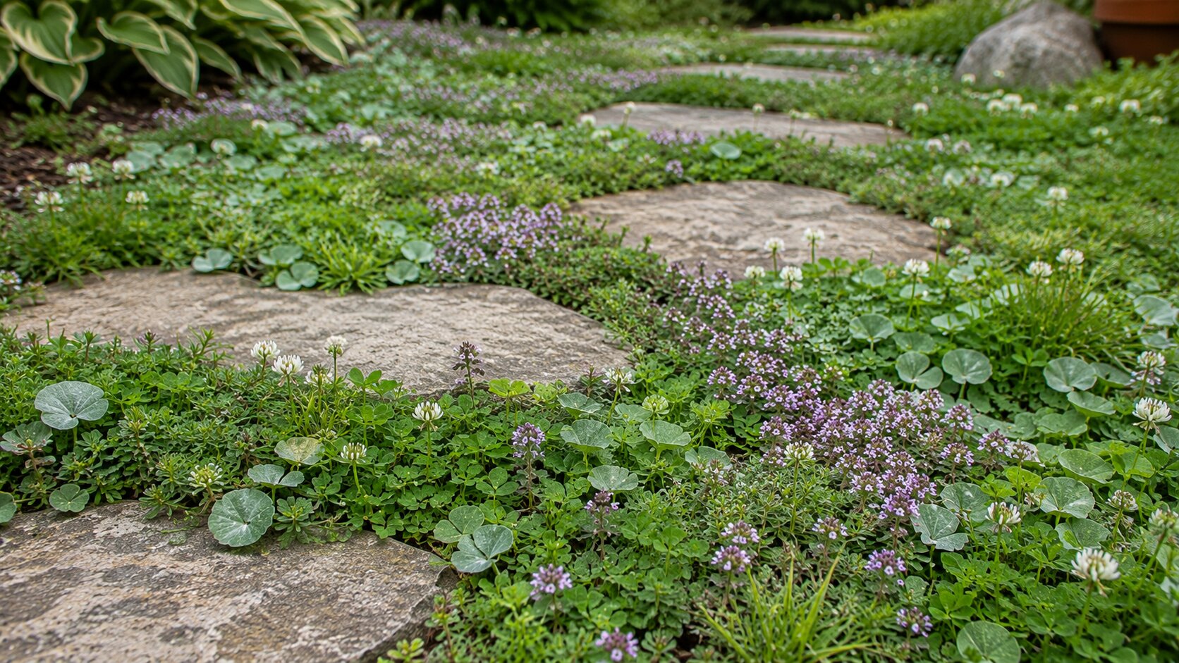 A low spreading ground cover of creeping thyme between garden stepping stones