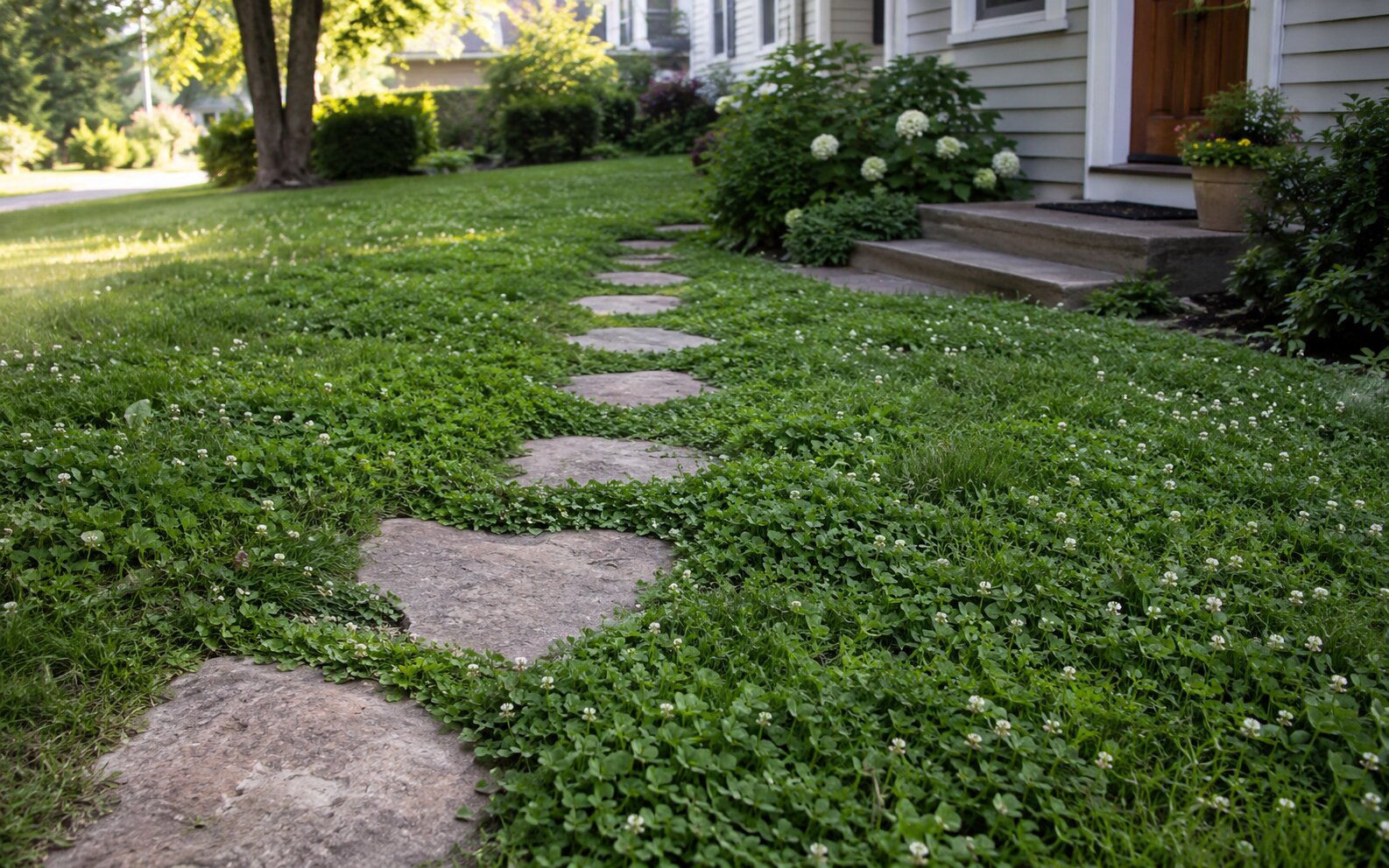 Lush eco lawn with white clover and a stepping-stone path