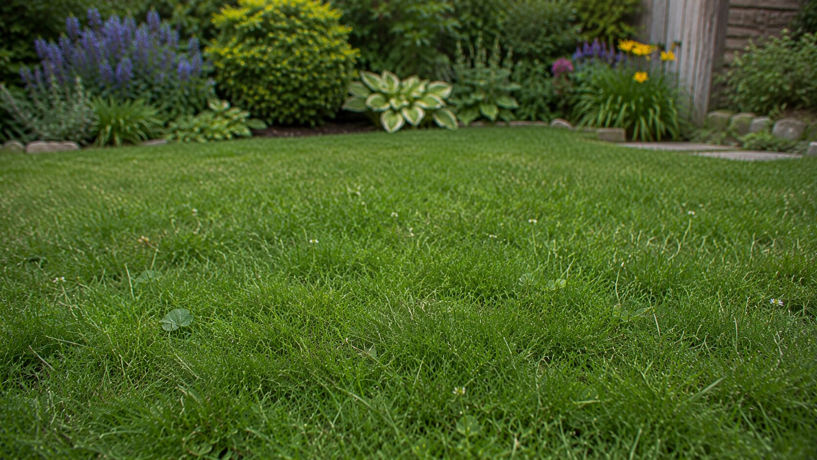 A tidy low-maintenance eco-lawn in a relaxed garden that needs little care