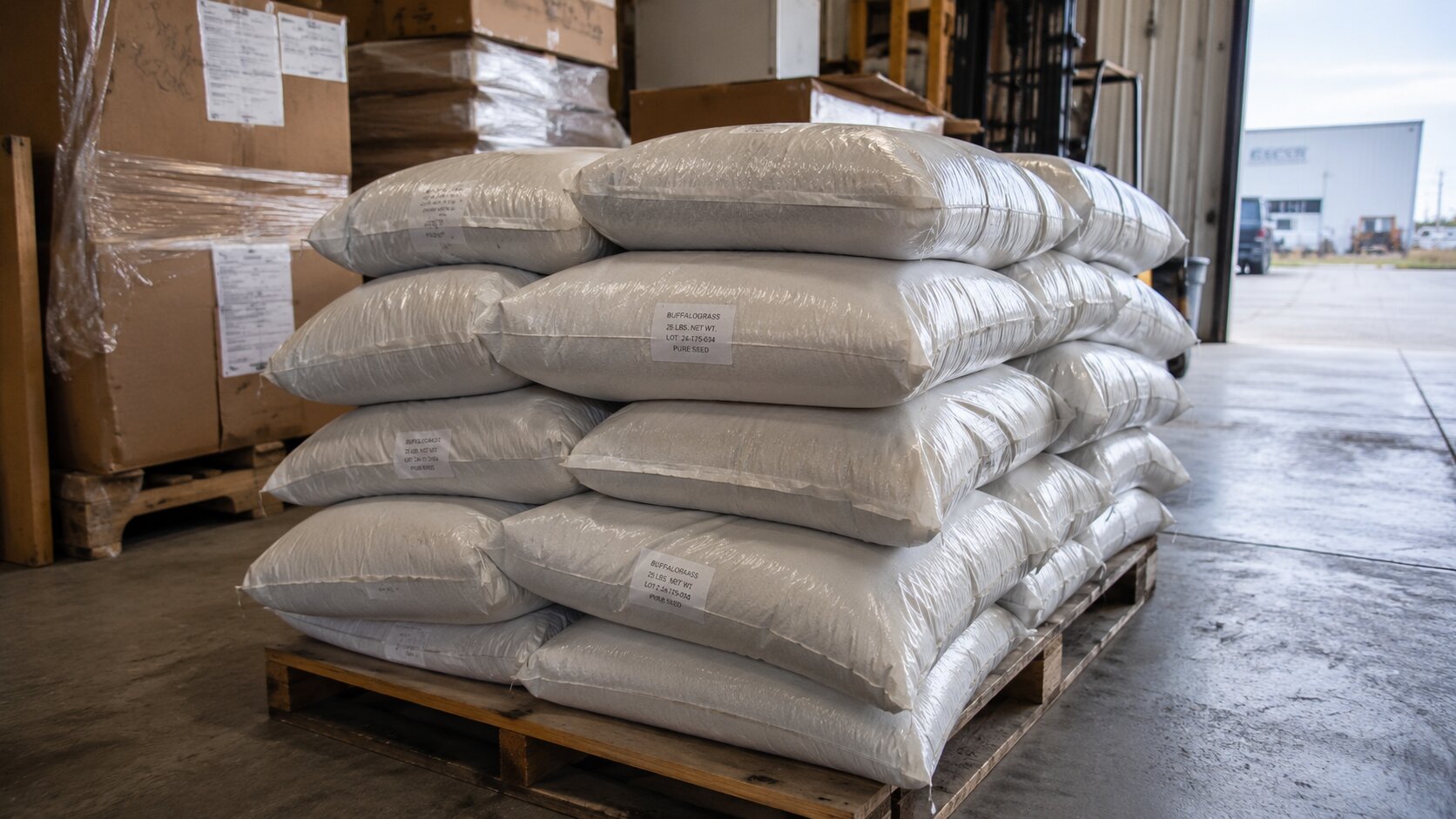 Large bulk seed bags stacked on a pallet in a warehouse loading area