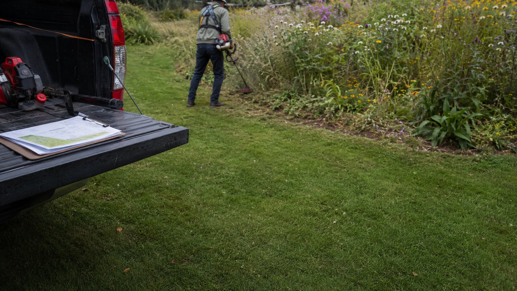 Contractor performing seasonal maintenance on an established wildflower meadow area
