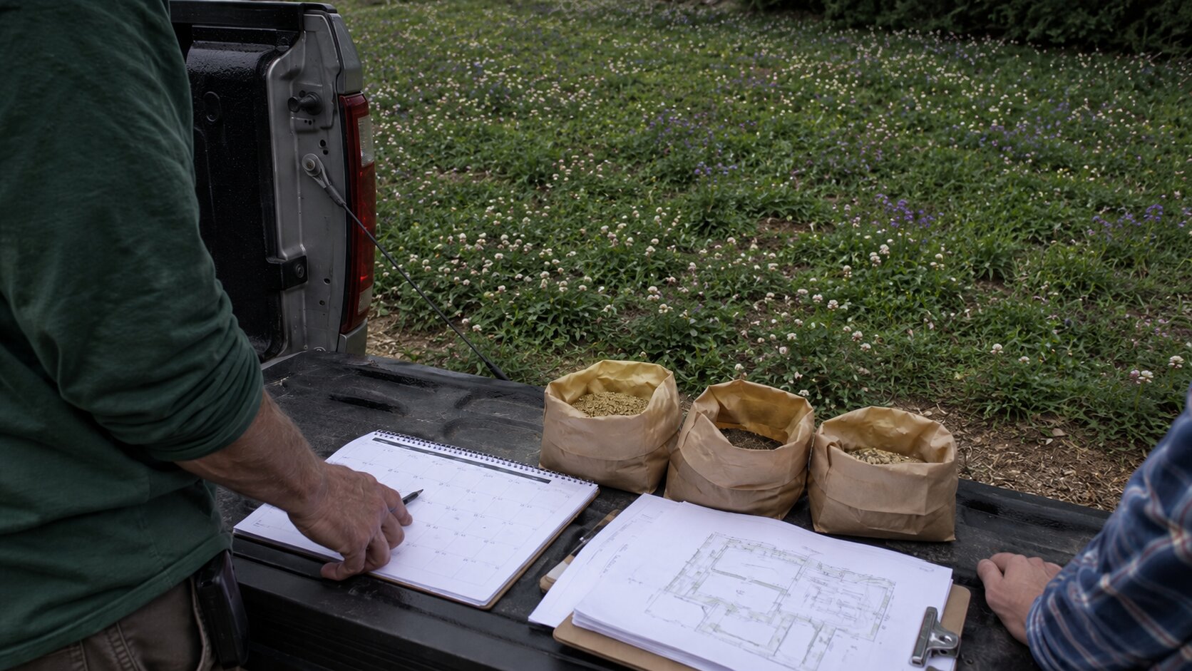 Calendar and planting plan laid out next to seed bags, planning a conversion project timeline