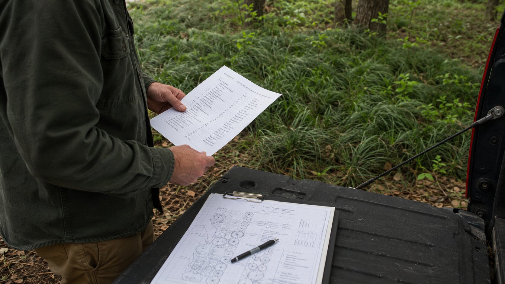 Landscape architect reviewing a planting specification document with plant species listed