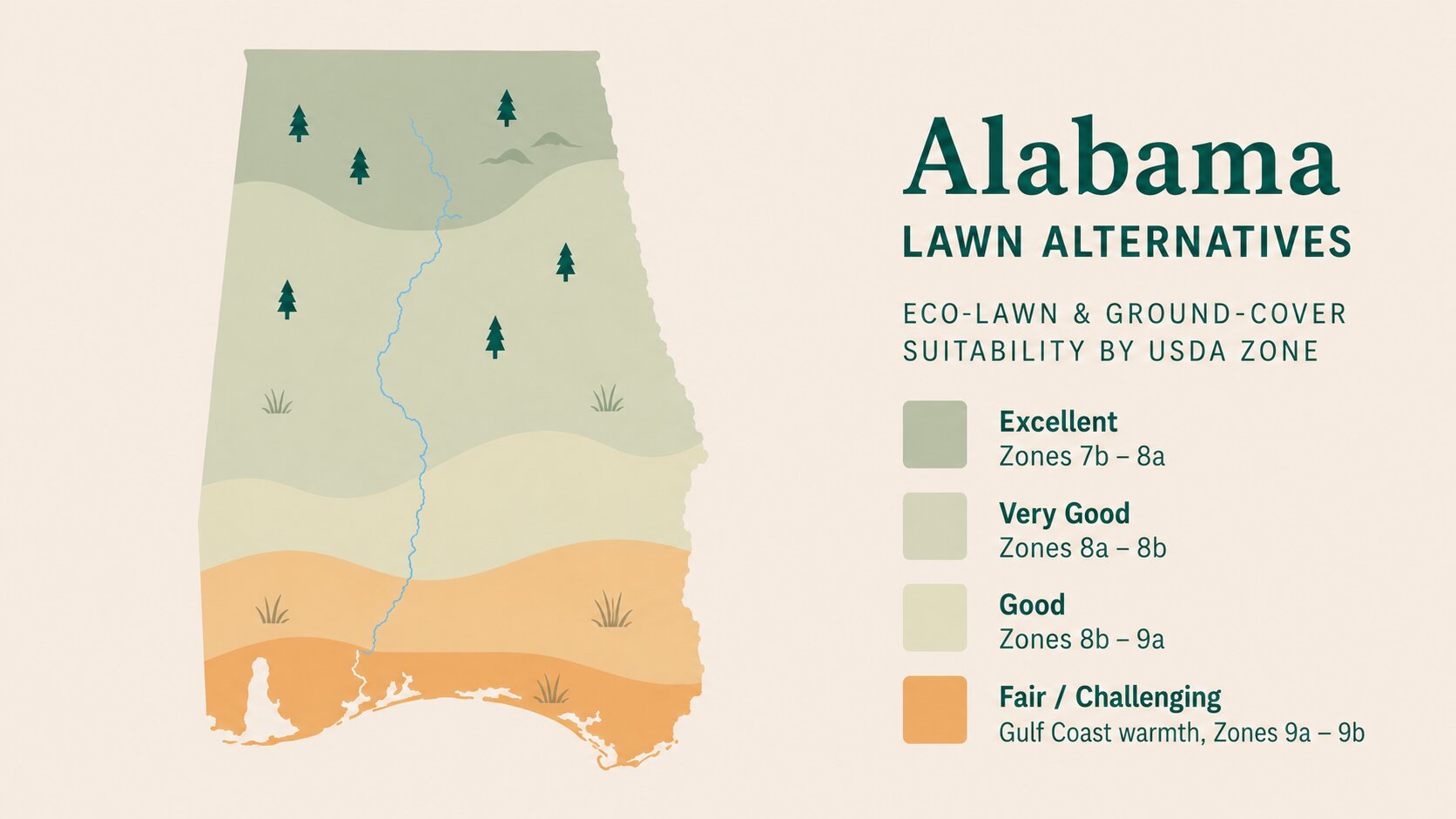 Map-style illustration of Lawn Alternatives in Alabama showing eco-lawn and ground-cover suitability across its USDA climate zones