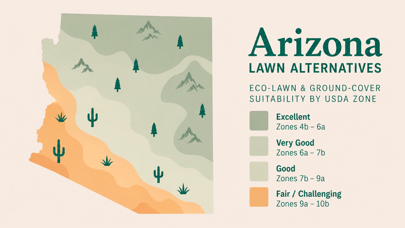 Map-style illustration of Lawn Alternatives in Arizona showing eco-lawn and ground-cover suitability across its USDA climate zones