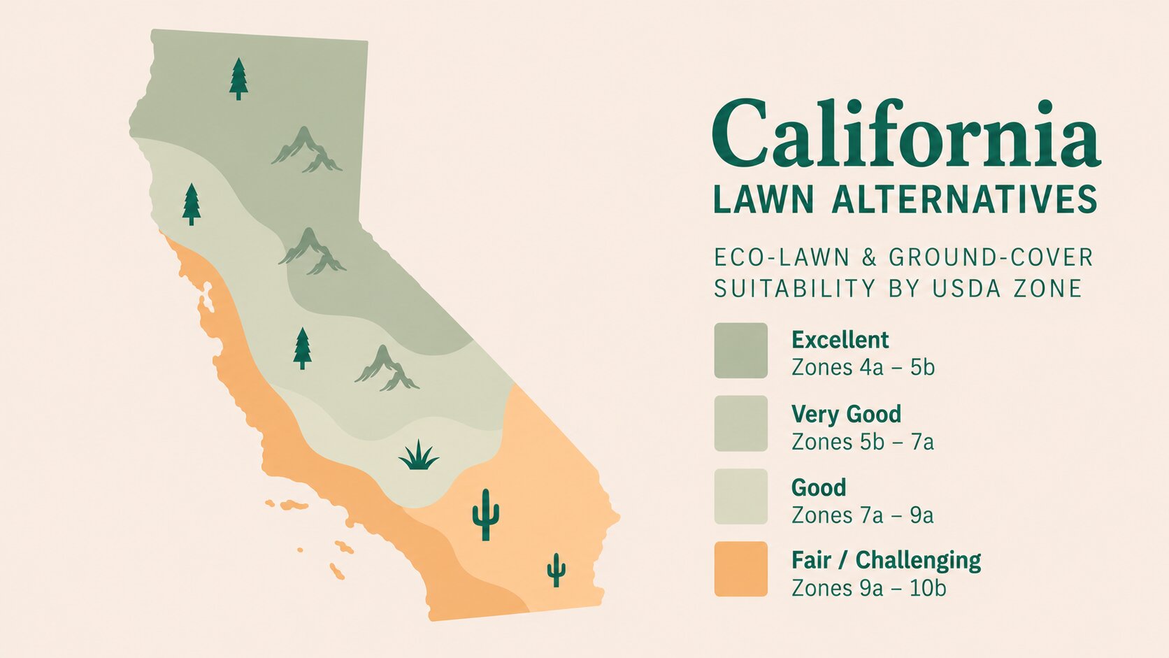 Map-style illustration of Lawn Alternatives in California showing eco-lawn and ground-cover suitability across its USDA climate zones