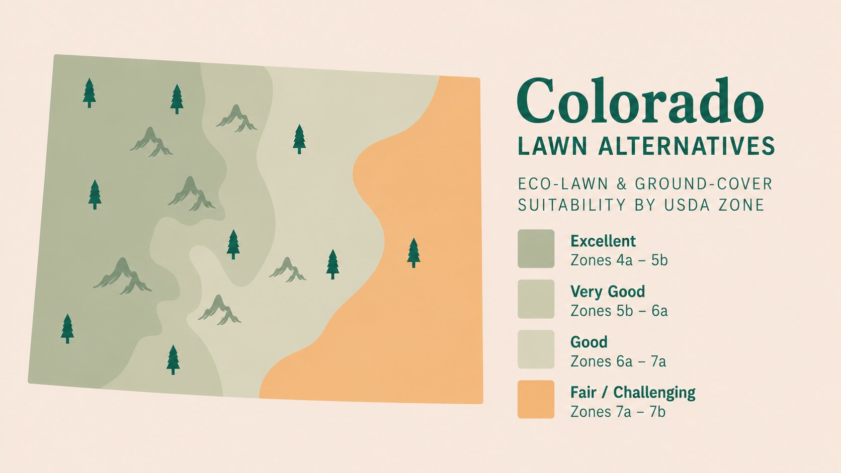 Map-style illustration of Lawn Alternatives in Colorado showing eco-lawn and ground-cover suitability across its USDA climate zones