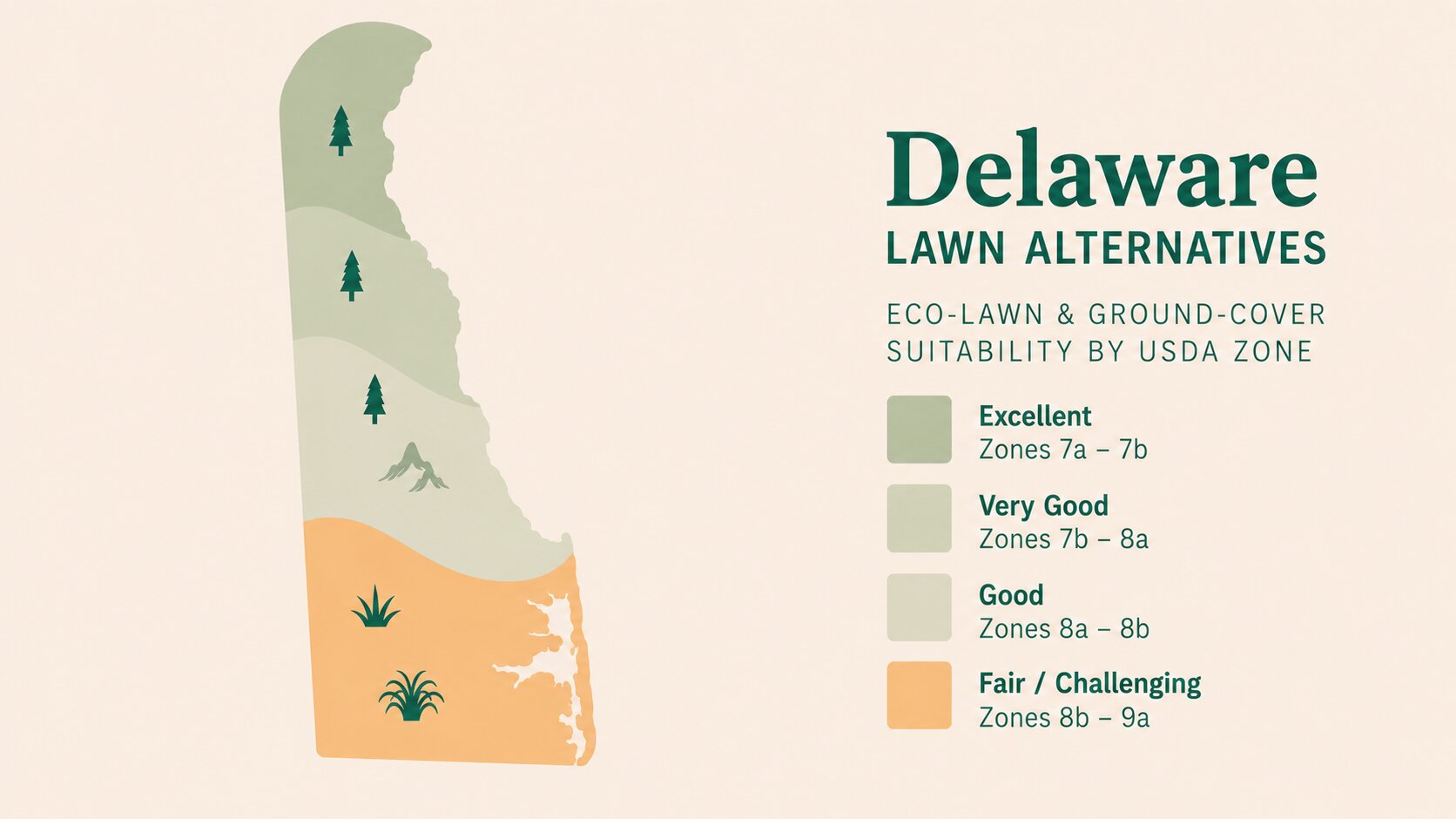 Map-style illustration of Lawn Alternatives in Delaware showing eco-lawn and ground-cover suitability across its USDA climate zones