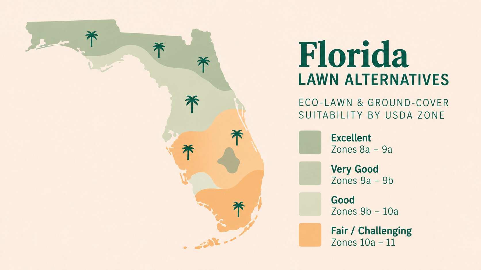 Map-style illustration of Lawn Alternatives in Florida showing eco-lawn and ground-cover suitability across its USDA climate zones