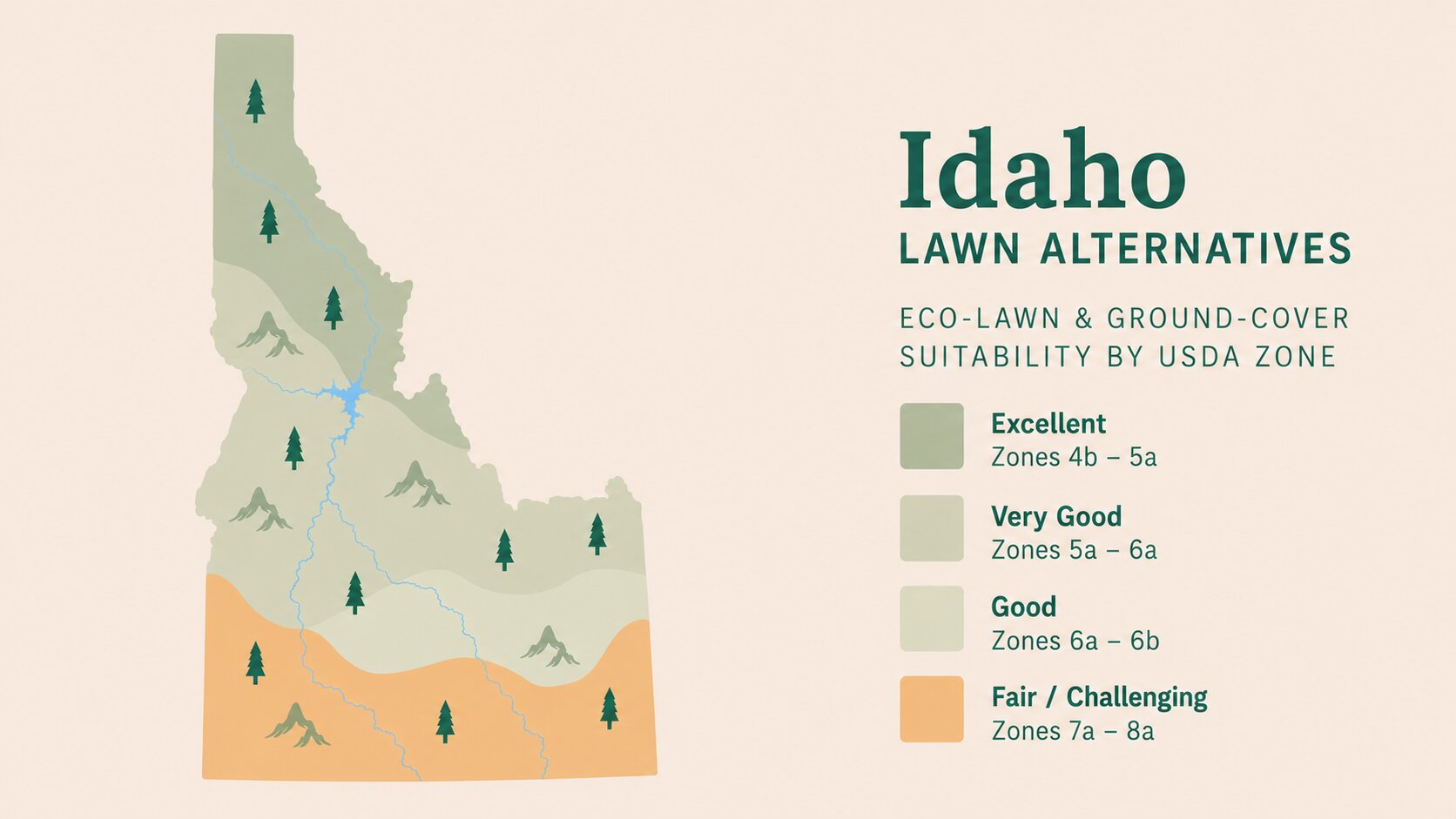 Map-style illustration of Lawn Alternatives in Idaho showing eco-lawn and ground-cover suitability across its USDA climate zones