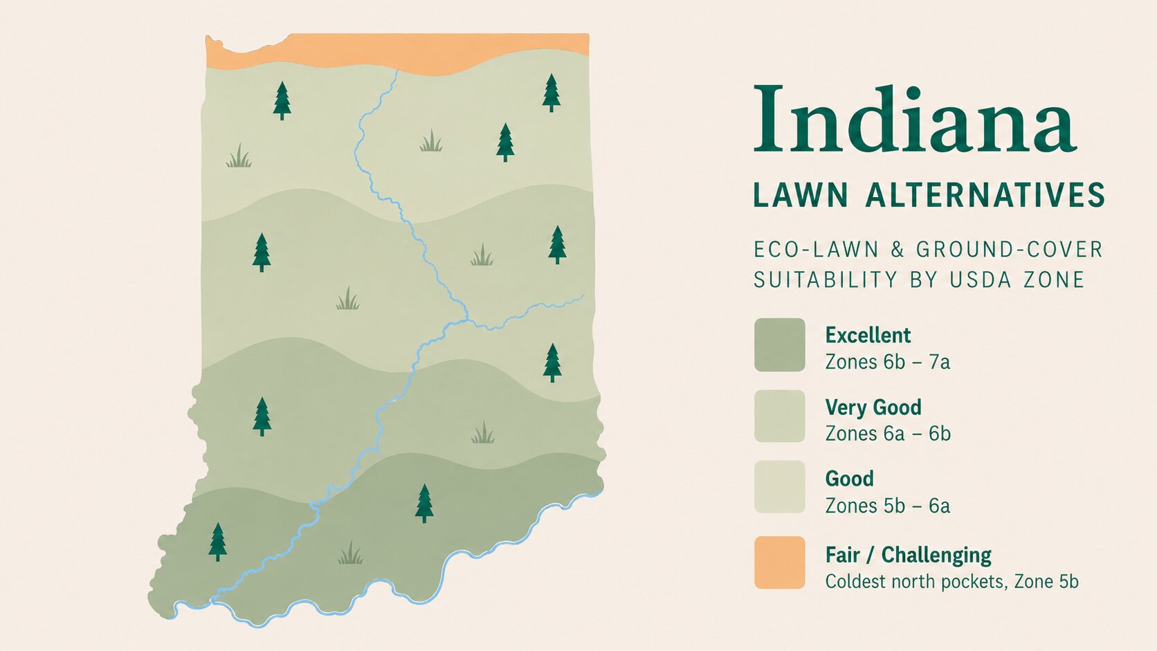 Map-style illustration of Lawn Alternatives in Indiana showing eco-lawn and ground-cover suitability across its USDA climate zones