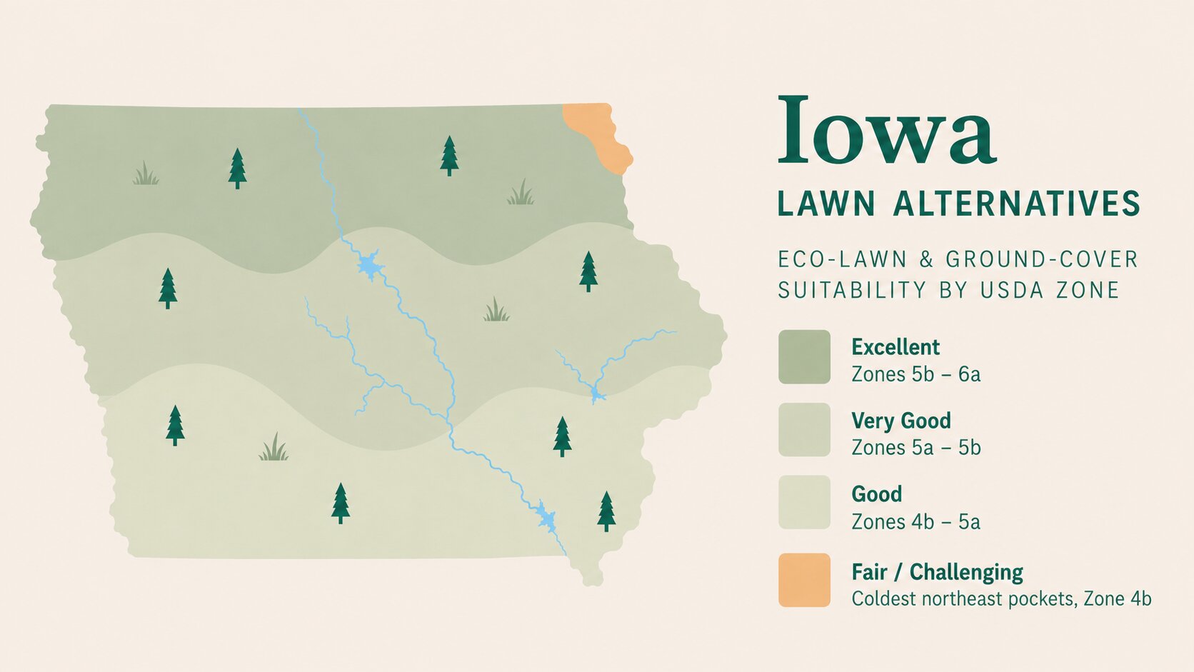 Map-style illustration of Lawn Alternatives in Iowa showing eco-lawn and ground-cover suitability across its USDA climate zones
