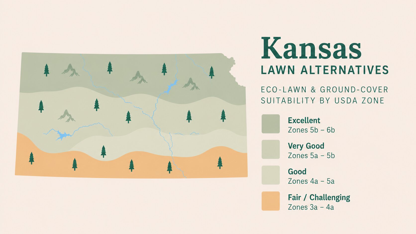 Map-style illustration of Lawn Alternatives in Kansas showing eco-lawn and ground-cover suitability across its USDA climate zones