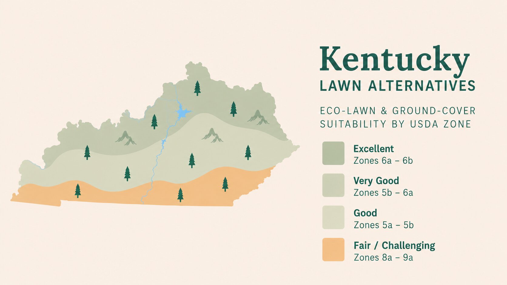 Map-style illustration of Lawn Alternatives in Kentucky showing eco-lawn and ground-cover suitability across its USDA climate zones