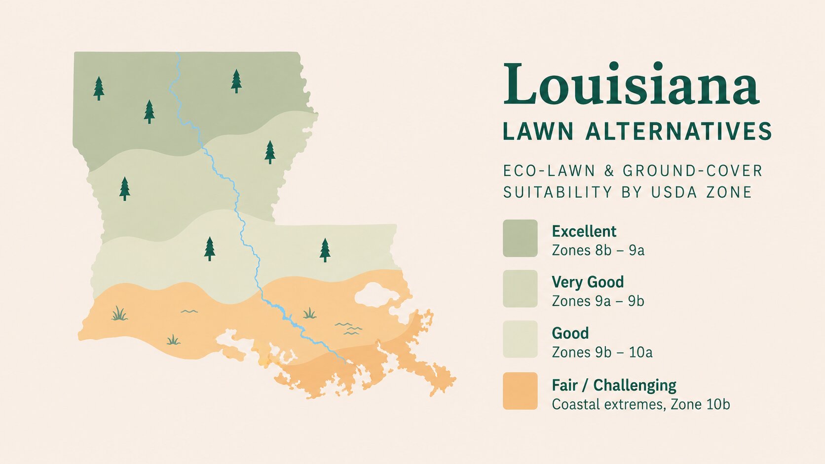 Map-style illustration of Lawn Alternatives in Louisiana showing eco-lawn and ground-cover suitability across its USDA climate zones