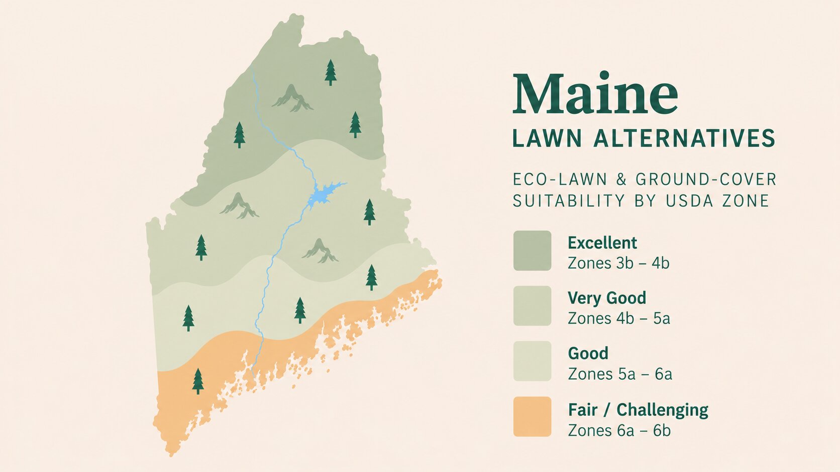 Map-style illustration of Lawn Alternatives in Maine showing eco-lawn and ground-cover suitability across its USDA climate zones