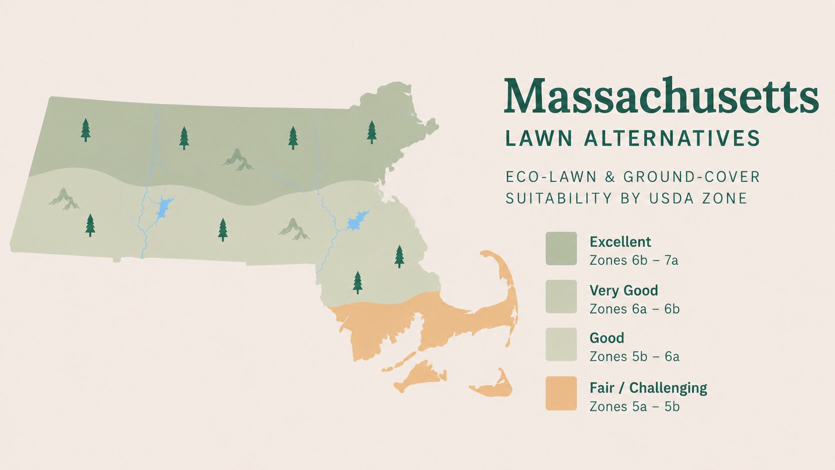 Map-style illustration of Lawn Alternatives in Massachusetts showing eco-lawn and ground-cover suitability across its USDA climate zones