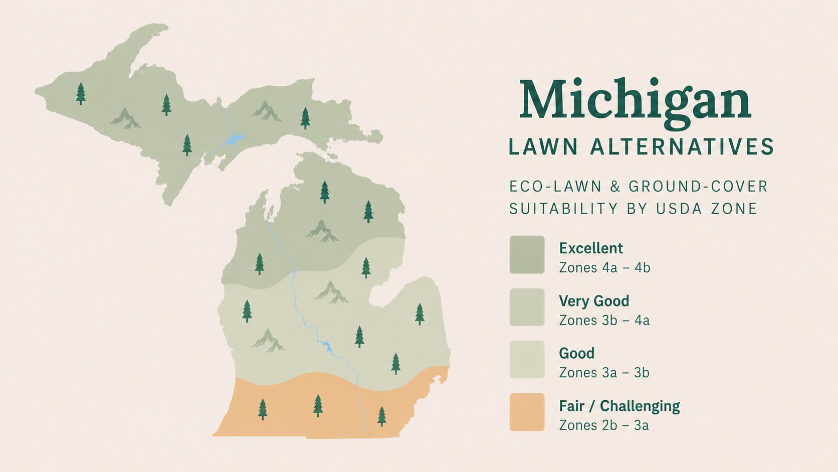 Map-style illustration of Lawn Alternatives in Michigan showing eco-lawn and ground-cover suitability across its USDA climate zones