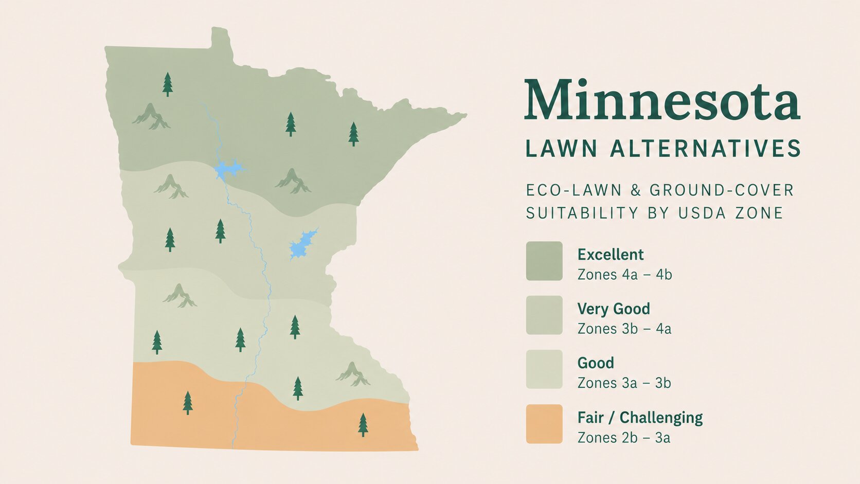 Map-style illustration of Lawn Alternatives in Minnesota showing eco-lawn and ground-cover suitability across its USDA climate zones