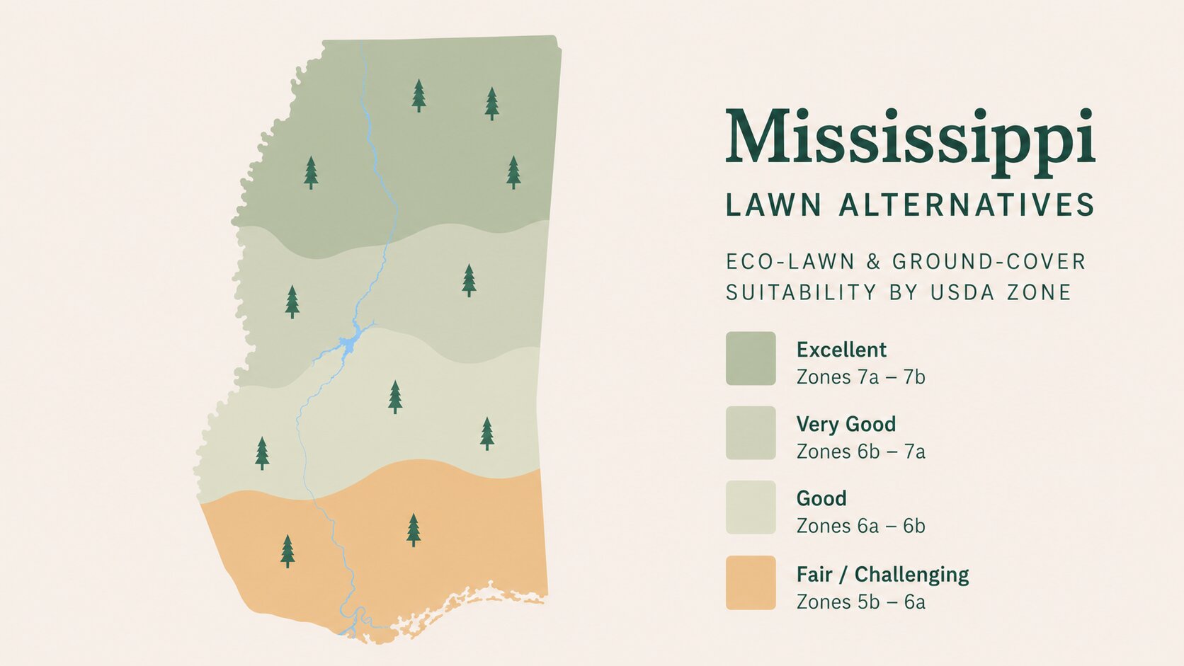 Map-style illustration of Lawn Alternatives in Mississippi showing eco-lawn and ground-cover suitability across its USDA climate zones