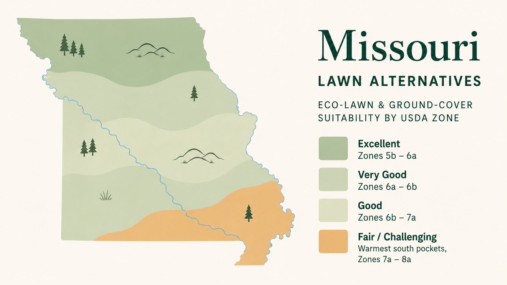 Map-style illustration of Lawn Alternatives in Missouri showing eco-lawn and ground-cover suitability across its USDA climate zones