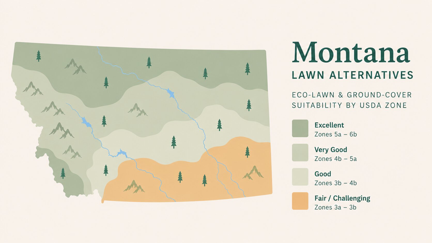 Map-style illustration of Lawn Alternatives in Montana showing eco-lawn and ground-cover suitability across its USDA climate zones