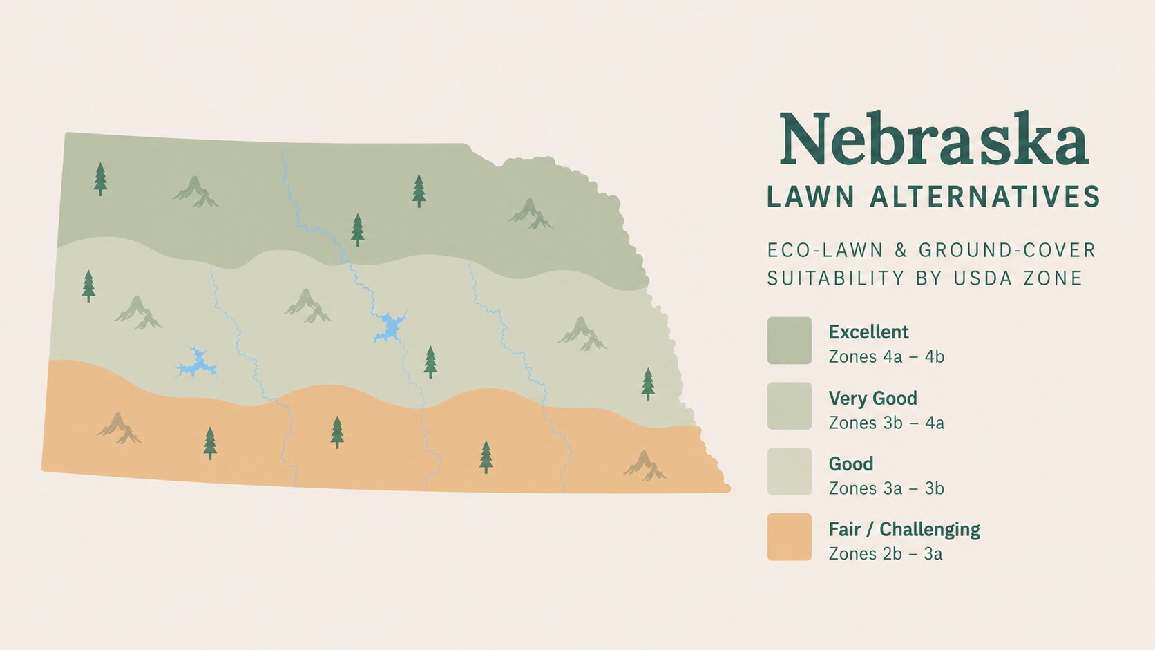 Map-style illustration of Lawn Alternatives in Nebraska showing eco-lawn and ground-cover suitability across its USDA climate zones