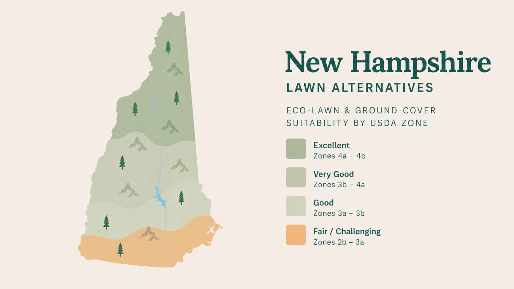 Map-style illustration of Lawn Alternatives in New Hampshire showing eco-lawn and ground-cover suitability across its USDA climate zones