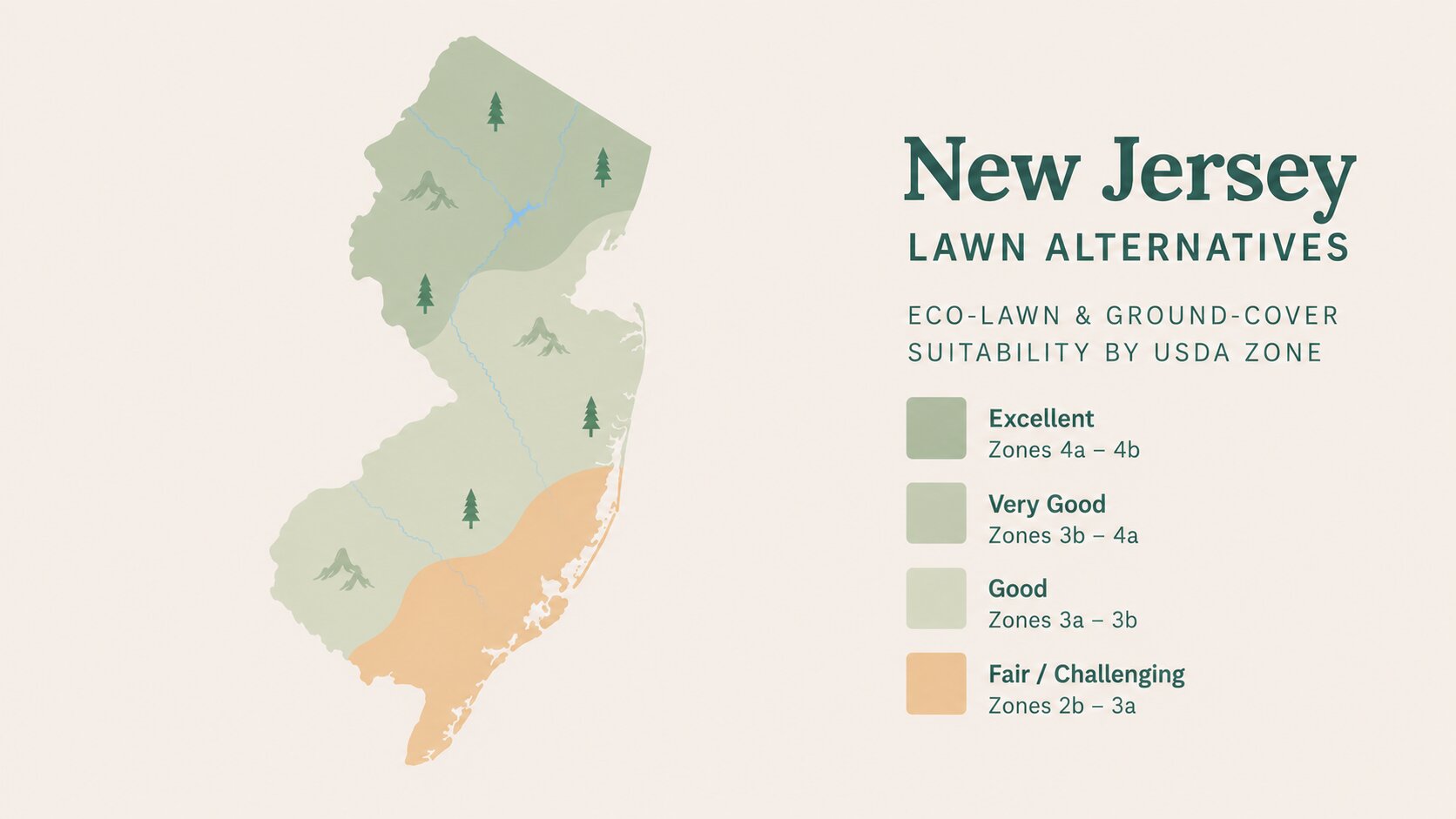 Map-style illustration of Lawn Alternatives in New Jersey showing eco-lawn and ground-cover suitability across its USDA climate zones