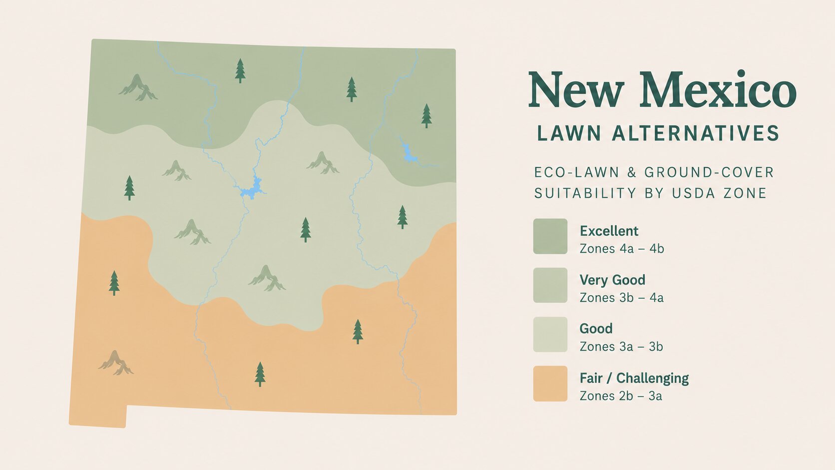 Map-style illustration of Lawn Alternatives in New Mexico showing eco-lawn and ground-cover suitability across its USDA climate zones