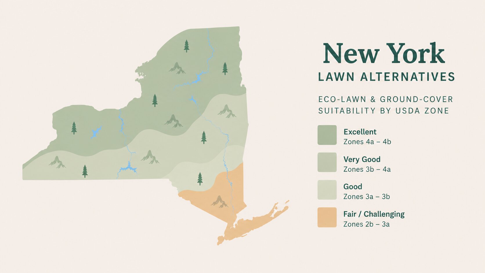 Map-style illustration of Lawn Alternatives in New York showing eco-lawn and ground-cover suitability across its USDA climate zones