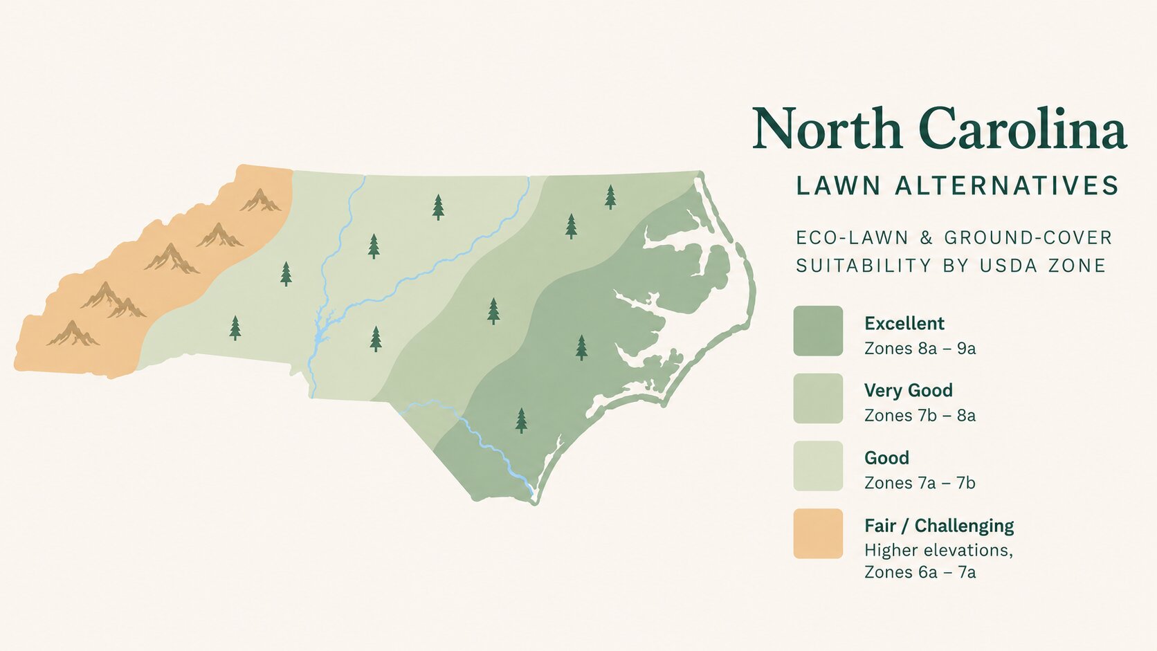 Map-style illustration of Lawn Alternatives in North Carolina showing eco-lawn and ground-cover suitability across its USDA climate zones
