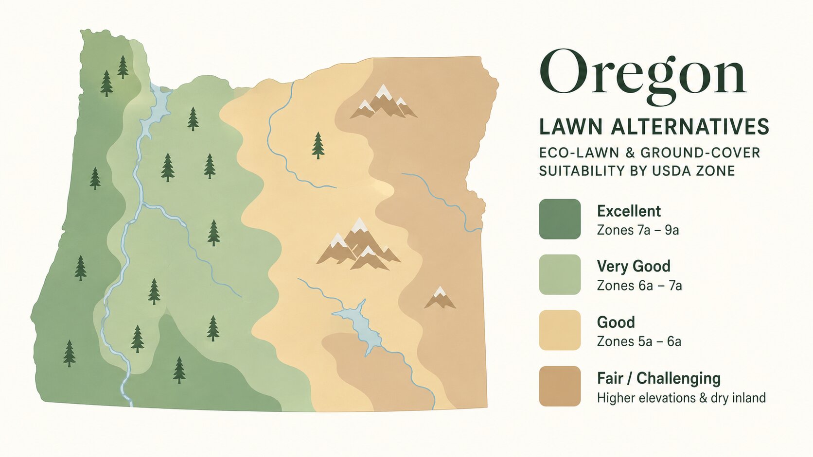 Map-style illustration of Lawn Alternatives in Oregon showing eco-lawn and ground-cover suitability across its USDA climate zones
