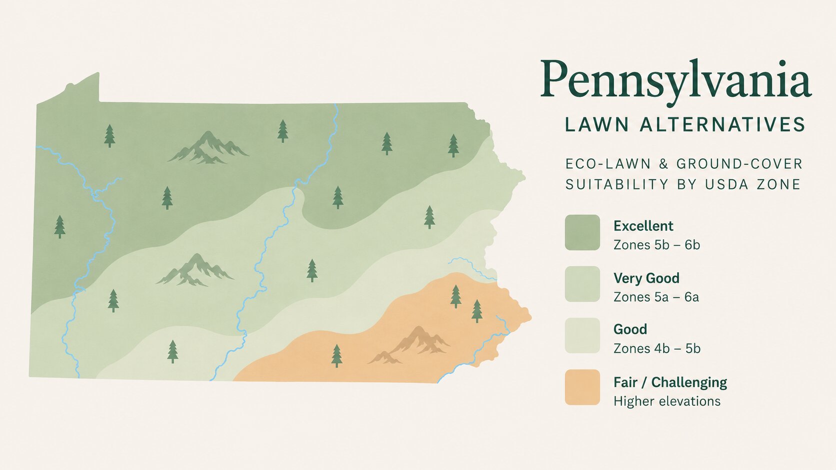 Map-style illustration of Lawn Alternatives in Pennsylvania showing eco-lawn and ground-cover suitability across its USDA climate zones