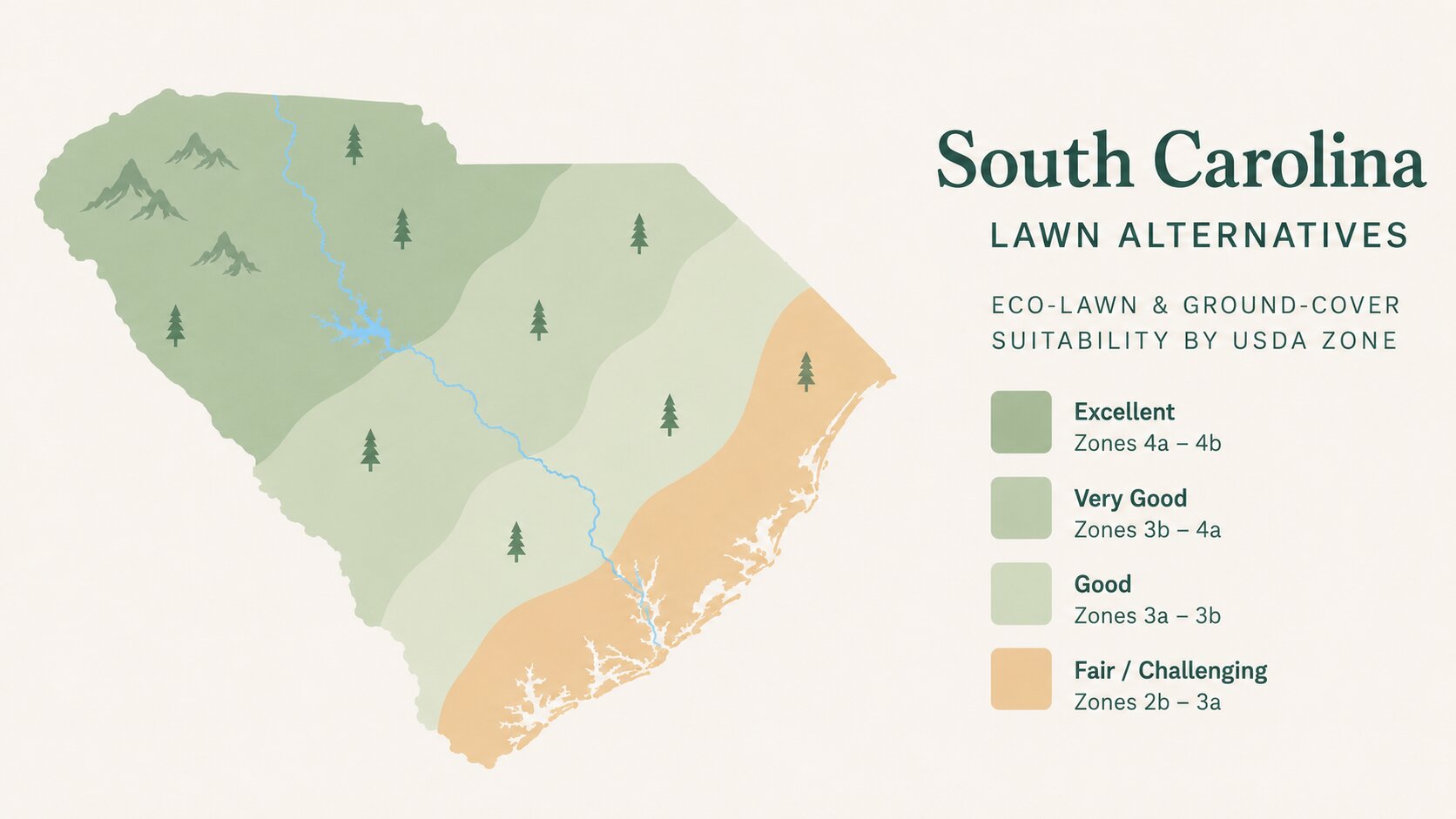 Map-style illustration of Lawn Alternatives in South Carolina showing eco-lawn and ground-cover suitability across its USDA climate zones