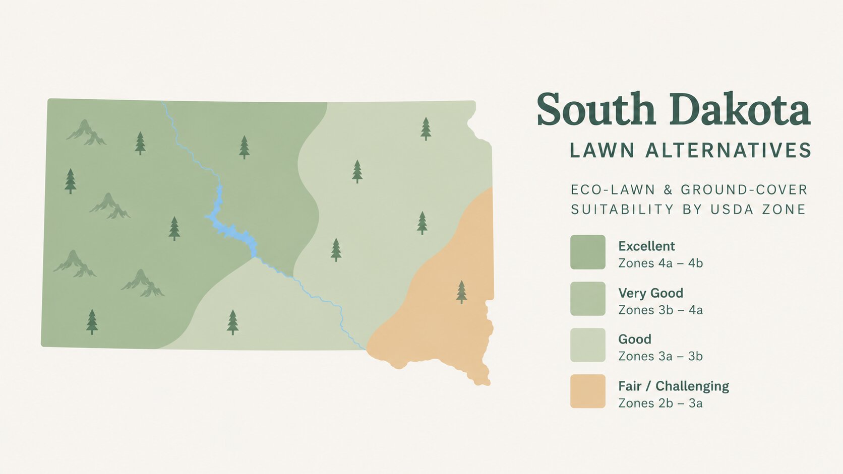 Map-style illustration of Lawn Alternatives in South Dakota showing eco-lawn and ground-cover suitability across its USDA climate zones