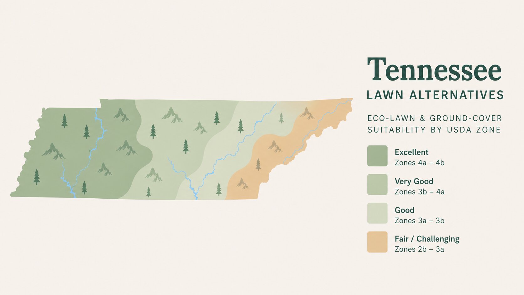 Map-style illustration of Lawn Alternatives in Tennessee showing eco-lawn and ground-cover suitability across its USDA climate zones