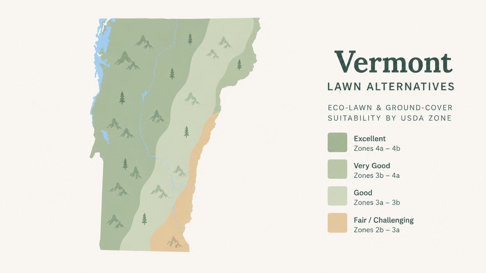 Map-style illustration of Lawn Alternatives in Vermont showing eco-lawn and ground-cover suitability across its USDA climate zones