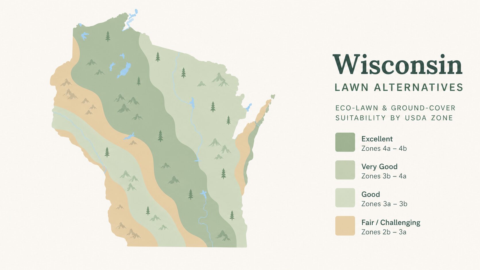Map-style illustration of Lawn Alternatives in Wisconsin showing eco-lawn and ground-cover suitability across its USDA climate zones